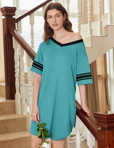 Image of Ekouaer Nightgowns for Women 2 Pack Sleepshirts Short Sleeve Nightshirt V Neck Sleepwear Casual Pajama Dress