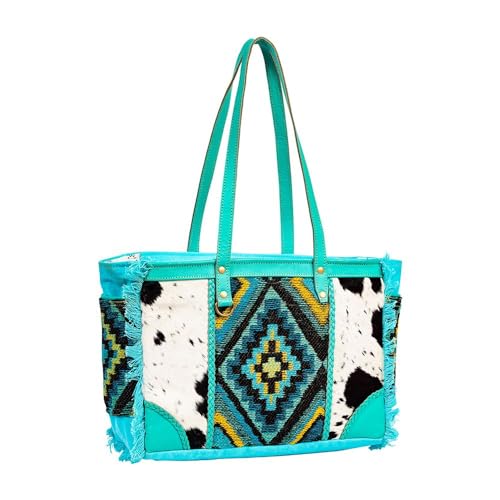 Myra Bag Shoulder Bag for Women - Western Upcycled Hairon Canvas & Leather Handbag Turquoise2