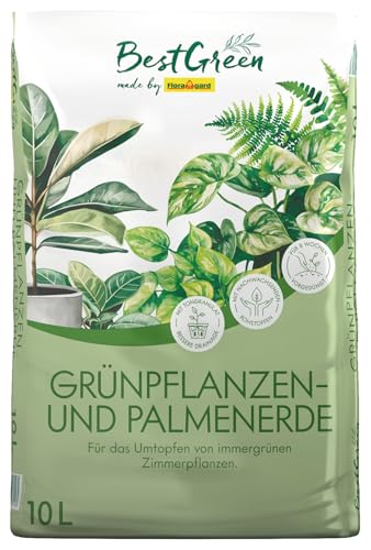 BestGreen Grünpflanzen- & Palmenerde 10 L – torfreduzierte, lockere Pflanzerde mit guter Wasserspeicherung für Zimmerpflanzen, Palmen & große Kübelpflanzen – nährstoffreiche Basis für kräftige Wurzeln