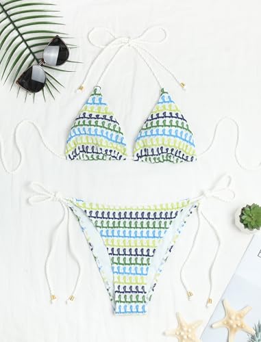 Image of ZAFUL 2 Piece Triangle Bikini for Women Knitted Rope Halter Bikini Sets Sexy Bathing Suit Side Tie Swimsuits Beachwear