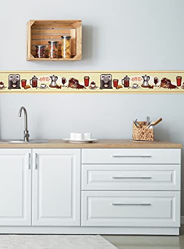 Grace & Gardenia Gb80021G8 Coffee Items Peel And Stick Wallpaper Border 8In Height X 15Ft Yellow Orange Burgundy Designs #TOP6