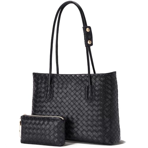Bolsa Tote Tejida para Mujer, Cuero Vegano con Cierre y Estuche