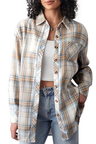 Image of CHYRII Womens Button Down Flannel Shirts Long Sleeve Plaid Shackets Business Casual Blouse Top