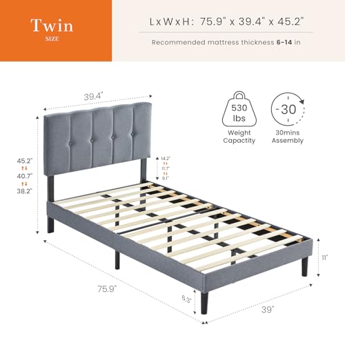 Sweetcrispy Twin Size Bed Frame - Fabric Upholstered Platform Bed with Headboard, 530LBS Sturdy Wooden Slats Support, No Box Spring Needed, Noise Free, Easy Assembly, Grey