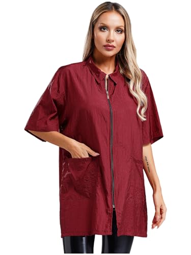 YiZYiF Damen Kittel Berufskleidung Friseur Hundefriseur Schürze Kurzarm Mit Tasche Für Barbier SPA Salon Haustierklinik Burgundy XL