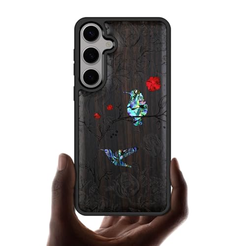 Coque Samsung S25 Plus bois sombre étui gravure artistique nacre et flore