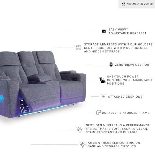 Image of Signature Design by Ashley RiverTest Power Reclining Loveseat with Console, 75 inch W, LED Lights and Easy View Adjustable Headrest, Performance Fabric, Home Theater Seating, Steel Gray
