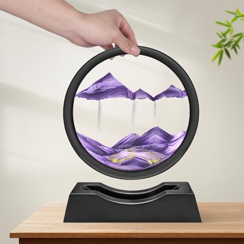 Image of Wai Danie Moving Sand Art Picture 3D Hourglass Deep Sea Sandscape Liquid Motion Display Painting Flowing Sand Frame Relaxing Desktop Home Office Work Decor (Purple, 7 Inches)