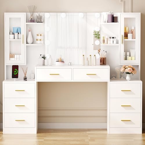 ANWBROAD Grande Toletta Trucco con Luci illuminazione LED Regolabile a 3 Colori e Prese Moderna Postazione Trucco Bianca con Specchio 8 Cassetti 2 Armadietti Toletta 150x135x40cm BDT67W