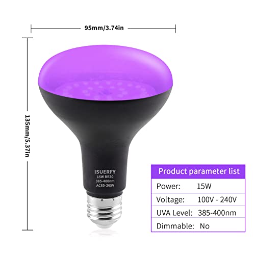 Isuerfy Br30 Led Black Light Bulbs 15W(100W Equivalent) 4 Pack, E26 Base 385-400Nm, Blacklight Flood Light Bulb For Glow In The Dark Body Paint Fluorescent Poster Blacklight Party Halloween Decor #TOP3