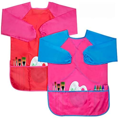 BAHABY Kids Apron 2 Pack Toddler Art Smock for Kids Children Waterproof Painting Aprons Artist Paint Set (Pink & Red)