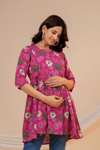 Image of THE Moon Star Women's Cotton Floral Printed Anarkali Maternity Feeding Kurti | Breastfeeding Dress for Mothers | Zipper Feeding Kurti, Nursing Kurti, Comfortable and Trendy Maternity Wear
