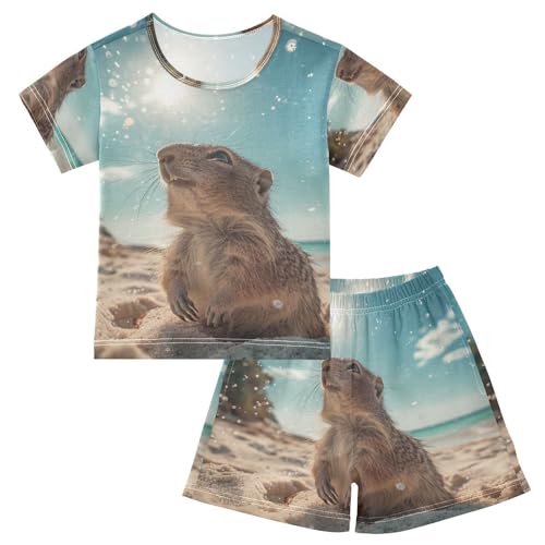 ALAZA Cute Mouse on The Summer Beach Pajama Set Short Sleeve Sleepwear Soft Lounge Nightwear