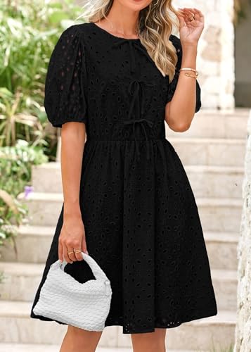 Image of KIRUNDO Eyelet Summer Dresses for Women 2025 Short Sleeve Tie Front Babydoll A Line Wedding Guest Beach Vacation Sundress