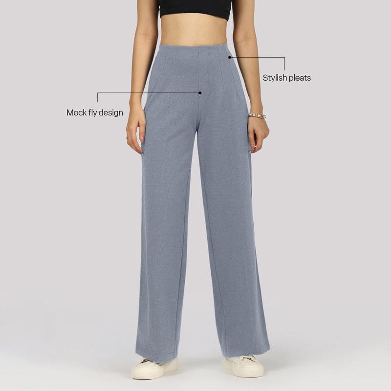 Image of BlissClub Womens Work-to-Wine Twill Wide Dart Pants Insanely Breathable Elasticated Waistband 2 Pockets Mock Fly | Wide Silhouette Stylish Pleats