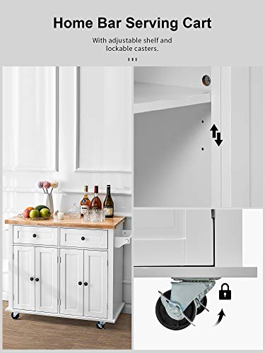 Kealive Kitchen Island on Wheels, Rolling Kitchen Island Cart with Cabinet and Lockable Castors, 2 Drawers and Spice Rack Towel Rack Rubber Wood Countertop, White, 35.5in x 17.8in x 32.3in
