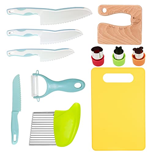 RISICULIS 11 Pieces Wooden Kids Kitchen Knife, Blue Kids Knife Set Include Wood Kids Knife, Serrated Edges Plastic Toddler Knife, Crinkle Cutter, Sandwich Cutter, Y Peeler, Cutting Board