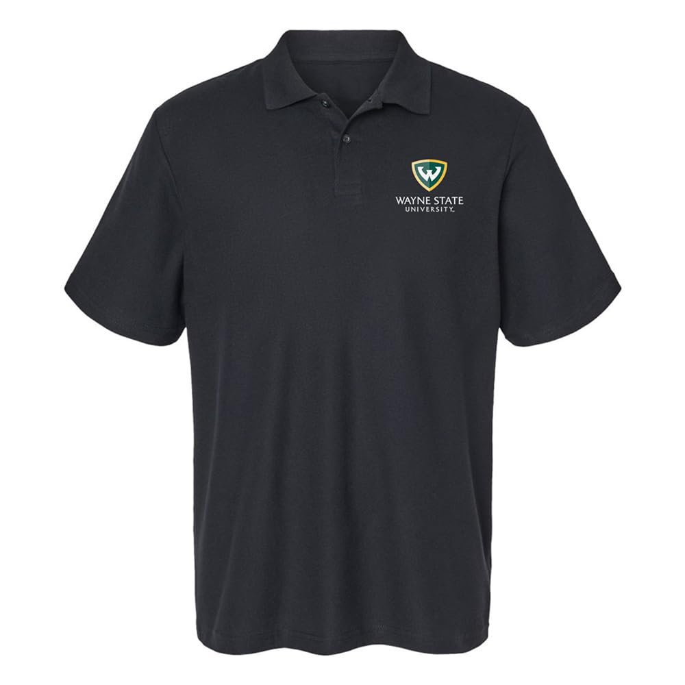 Campus Lab Wayne State University Primary Logo Men's Adult 100% Cotton Knit Polo Shirt, Black, Large