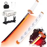 RENGENG Light Up Rengoku Sword, 30 Inches Rechargeable Pre-Assembled Plastic Replica with Belt & Stand & Spinner, Original Texture Sword