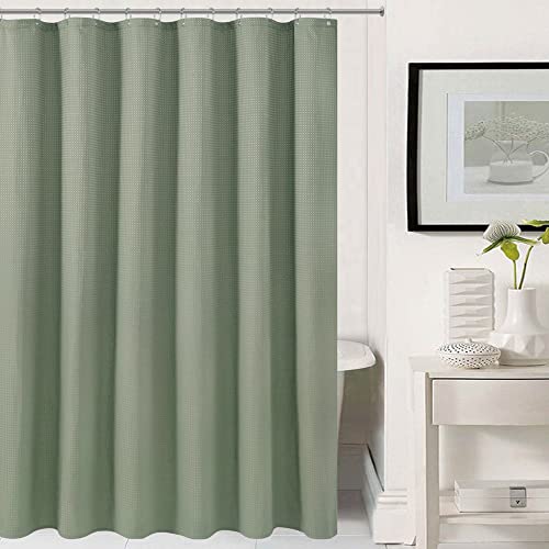 Image of Waffle Weave Fabric Shower Curtain Heavyweight 230 GSM, Hotel Luxury, Machine Washable, Sage Green Pique Diamond Pattern, 71 x 72 inches Decorative Bathroom Curtains
