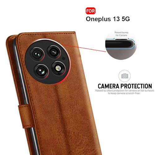 Image of TheGiftKart Flip Cover Back Case for OnePlus 13 5G | Genuine Leather Finish | Designer Button | Inbuilt Pockets & Stand | Wallet Style Flip Back Cover Case for OnePlus 13 5G (Faux Leather, Brown)