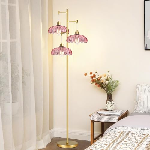 Image of Vintage Floor Lamps for Living Room Bedroom-3 Light Glass Floor Lamp with Three Led Bulb, Tall Flower Floor Lamp Gold Mid Century Modern Standing Lamp Tree Floor Lamps for Living Room Bedroom Corner