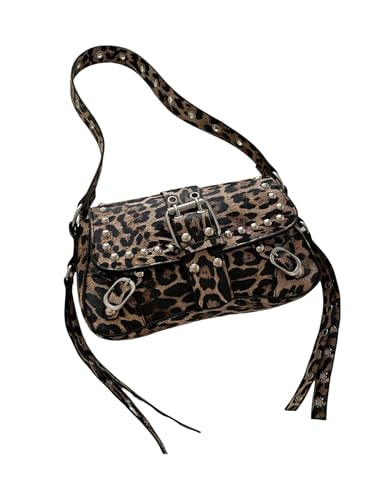 Women's Y2K Punk Cheetah Rivet Underarm Bags Buckle Small Shoulder Handbags Purse