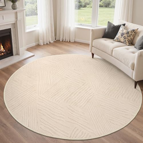 BEIMO Tapis Rond Salon 120 cm - Tapis en Peluche Coton Doux Circulaire 3D - Moquette Ronde Antidérapante Lavable Machine - Couleur Beige Sable