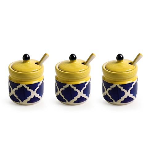 Image of ExclusiveLane 'Moroccan' Ceramic Pickle Jars For Dining Table With Spoon & Wooden Holder (Set of 3,280 ML) | For Kitchen Storage Pickle Holder Pickle Jars For Storage Aachar Jar Set,Multicolor