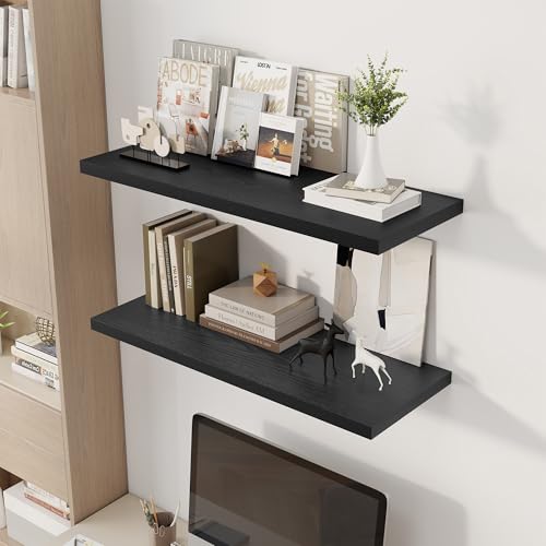 Image of Dreamland 36 inch Floating Shelves for Wall, 12 inch Deep Slim Black Floating Shelves, Wall-Mounted Shelves for Bedroom, Living Room, Kitchen, Bathroom - Set of 2