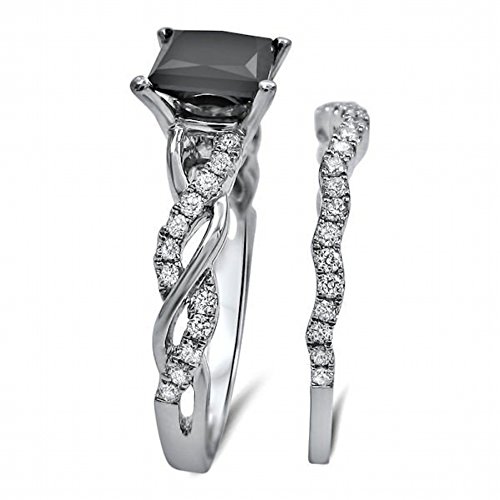 1.5 Ct Black Princess Cut Diamond Engagement Ring Bridal Set 10k White Gold3