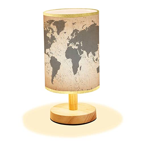 Lopyeijfg Minimalist Bedside Table Lamp Grunge World Map Old World Map Wood Nightstand Lamp Bedside Desk Lamp Wood Base Flaxen Fabric Shade For Bedroom Living Room #TOP25