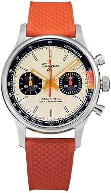 London Craftwork Sugess 1963 Watch Men Chronograph Mechanical Wristwatch Seagull ST19 Orange Rubber, Silver, strap