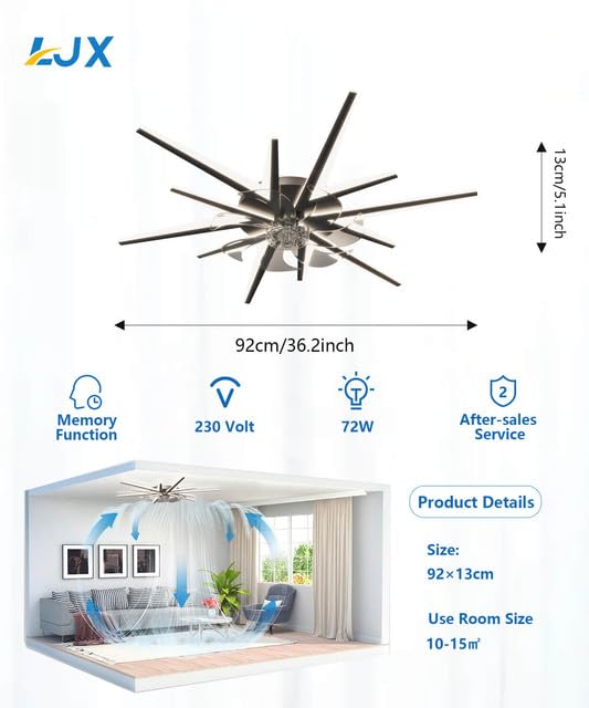 LJX Inteligentny wentylator sufitowy ze światłem, 91 cm, współpracuje z Alexa DC, ściemniany wentylator LED z pilotem zdalnego sterowania, 2,4 G, WiFi, cichy, odwracalny, nowoczesny design, do
