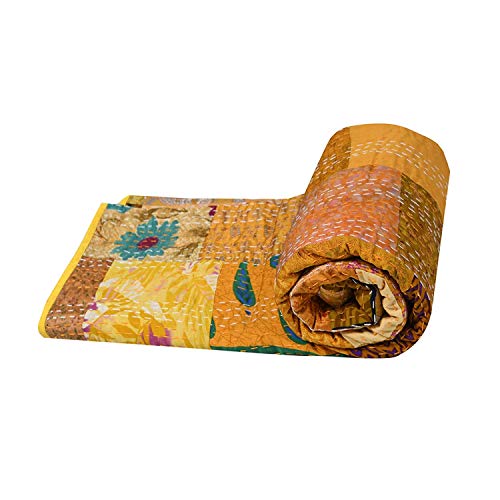 King Yellow Multi Patola Silk Patch Work Kantha Quilt , Kantha Blanket, Ac Rallies Indian Sari Quilt, Bed Cover, Queen Patch Kantha Throw, Bohemian Bedding Kantha Size 90"X108" Inches #TOP1