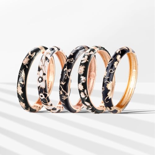 Image of UJOY Bangles 5 Pcs Enamel Jewelry Set Rose Flower Engraved Cloisonne Bracelets Pack in a Box 5PCS