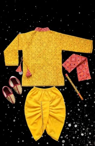 Image of Boys Krishna Costume Kurta Dhoti Set, Yellow Bandhani Print