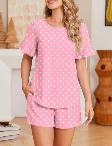 Image of Ekouaer Womens 100% Cotton Pajamas Set Ruffle Sleeves Top and Short Soft Sleepwear 2 Piece Lounge Set with Pockets