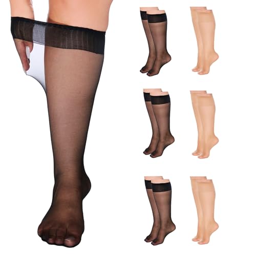 Plus Size Sheer Knee High Socks for Women Nylon Super Wide Trouser Stockings 6 Pairs