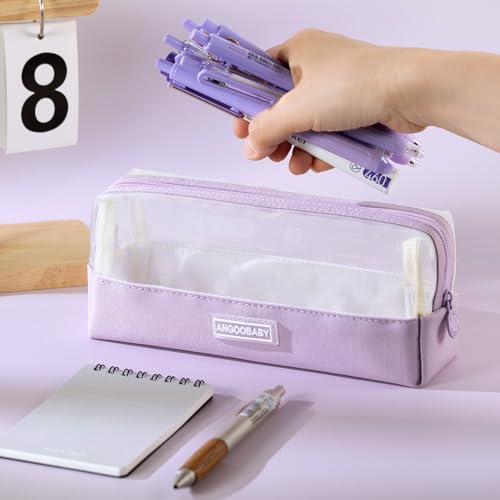 Image of ANGOOBABY Mesh Pencil Bag Clear pencil case Zipper Pouch Bags Multifunctional Pencil Holder for Students, Small Makeup Bag Suitable for Teen Girls & Boys (Violet)