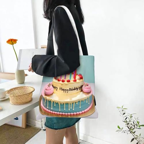 Happy Birthday Big Cake Print Polyester Canvas Tote Bag, Shopping Bag With Reinforced Handles, Reusable 7