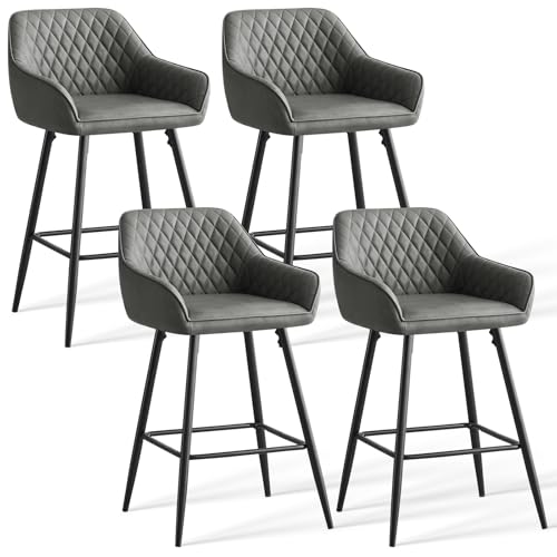 JYMTOM Lot 4 Tabourets de Bar Gris, Chaises de Salon, Chaises de Bar, Siège en Similicuir avec Dossier, Accoudoir et Repose-Pieds Métallique pour...