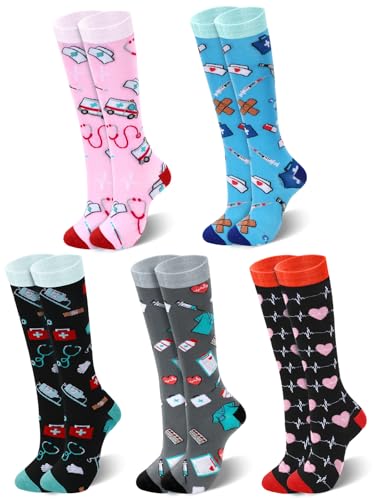 BOARDFEB 5 Pack Nurse Socks for Women, Funny Medical Themed Socks Nurse Week Socks Medical Assistant accessories for Healthcare Workers Nursing Graduation Appreciation Gifts