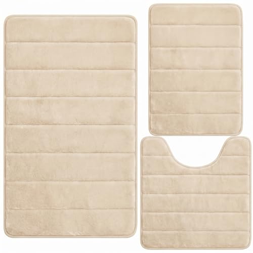 AINAHYVA Bathroom Rugs Set 3 Piece, Memory Foam Bath Rugs, Non Slip Washable Bathroom Rug Set, Extra Soft Absorbent Bath Mats with U-Shaped Toilet Rug, Camel by AINAHYVA - Used condition - US$20.35