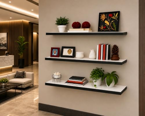 Image of TAKME Premium 3 Tier Floating Wall Shelves with Warm LED Lights, Modern Wall Mounted Display & Storage Rack, Engineered Wood /MDF Decorative Shelving Unit for Living Room, Bedroom, Office & Home Decor