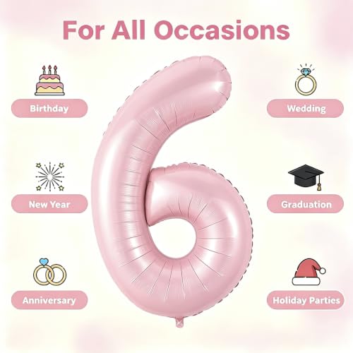 Image of Number Balloons Pink Party Balloon - Giant Number 6 Balloon, 40 Inch Large Balloon, Birthday Decorations for Women, Birthday Balloon for Anniversary Baby Shower Princess Party Decorations
