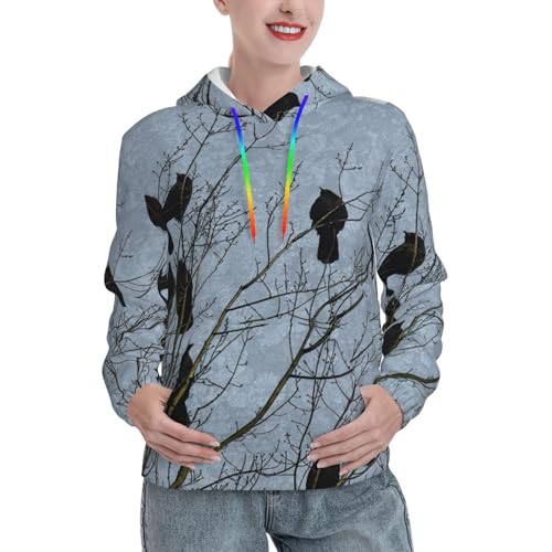 Sweat à capuche pour femme avec poche kangourou et motif corbeau noir