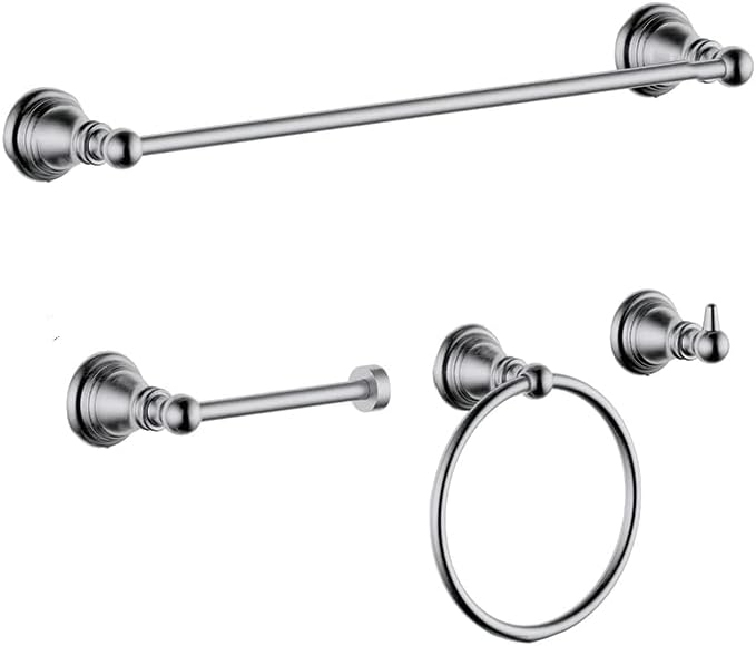 F-080-BN 4-Piece Bathroom Hardware Accessory Set with 18 Inch Towel Bar -Towel Ring- Paper Holder-Robe Hook Brush Nickel