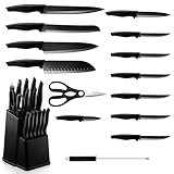 Herogo Messerblock mit 15 Messerset und Wetzstahl, Premium-Edelstahl-Küchenmesser-Set mit hohem Kohlenstoffgehalt, Gezacktes Steakmesser, Antihaftbeschichtung zum Hacken und Schneiden, Schwarz