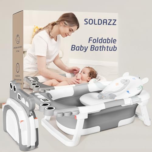 Image of Collapsible Baby Bathtub, Baby Bath Tub with Soft Cushion & Thermometer, Alligator Baby Bathtub with Detachable Feet, Durable Infant Bathtub Applicable 0-36 Months, Gray